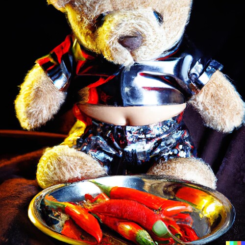 DALL·E 2022-08-02 15.36.01 - a photo of a teddy bear in disco clothing eating hot chilli peppers